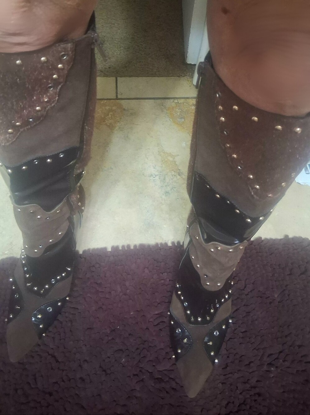 Y2k Patchwork Brown Multi Studded Knee High Boots Size 8
